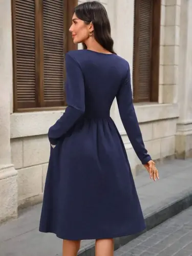 Kadın Uzun Kollu V Yakalı Cepli Midi Ithal Krep Elbise - 4