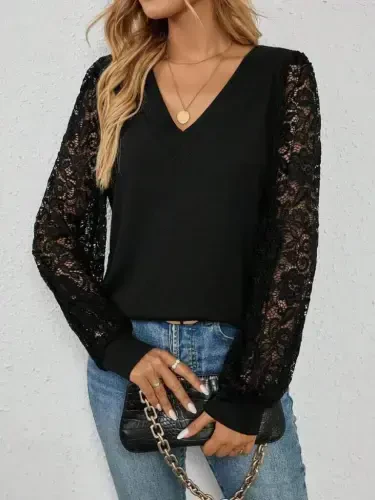 Kadın Uzun Kollu V Yakalı Dantelli Viskon Iki Iplik Bluz - 3