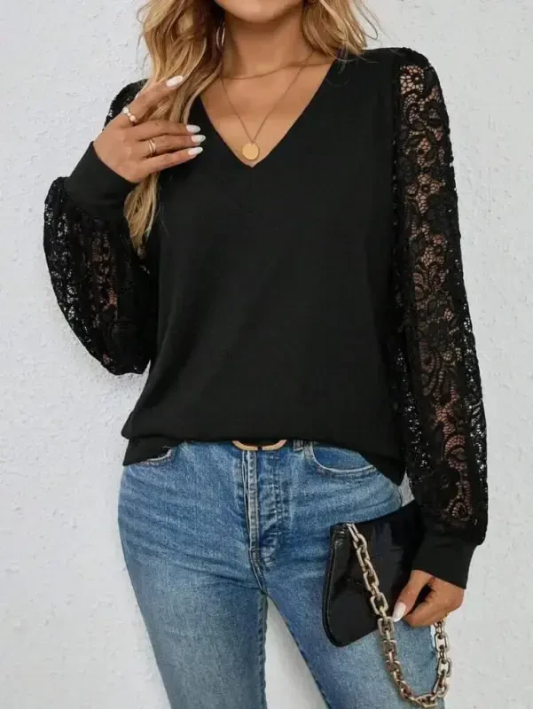 Kadın Uzun Kollu V Yakalı Dantelli Viskon Iki Iplik Bluz - 4