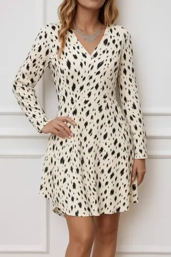 Kadın Uzun Kollu V Yakalı Desenli Kısa Keten Elbise - BÜYÜKBEDENIZ (1)