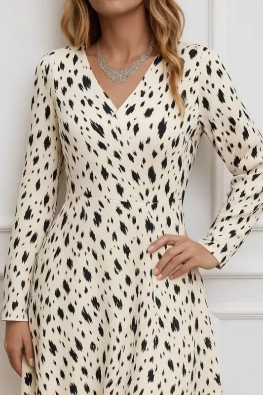 Kadın Uzun Kollu V Yakalı Desenli Kısa Keten Elbise - 3