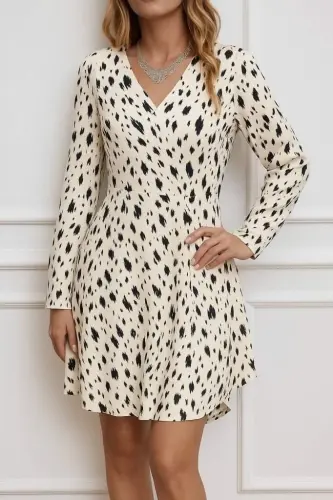 Kadın Uzun Kollu V Yakalı Desenli Kısa Keten Elbise - 4