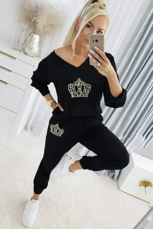 Kadın Uzun Kollu V Yakalı Desenli Viskon Iki Iplik Bluz Ve Pantolon Ikili Takım - 1