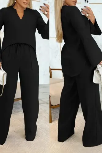 Kadın Uzun Kollu V Yakalı Keten Bluz Bağcıklı Pantolon Ikili Takım - 1