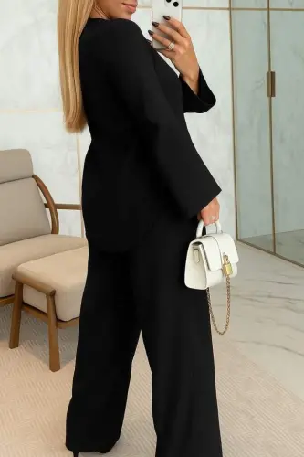 Kadın Uzun Kollu V Yakalı Keten Bluz Bağcıklı Pantolon Ikili Takım - 3