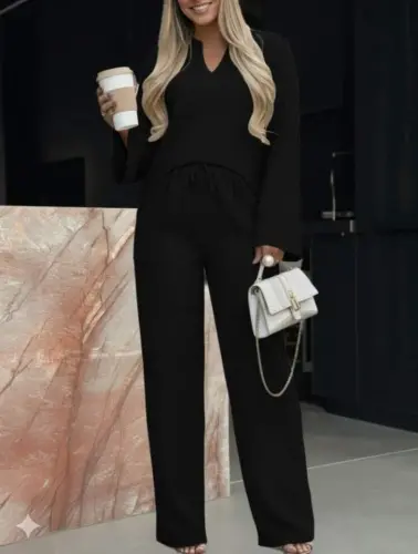 Kadın Uzun Kollu V Yakalı Keten Bluz Bağcıklı Pantolon Ikili Takım - 4