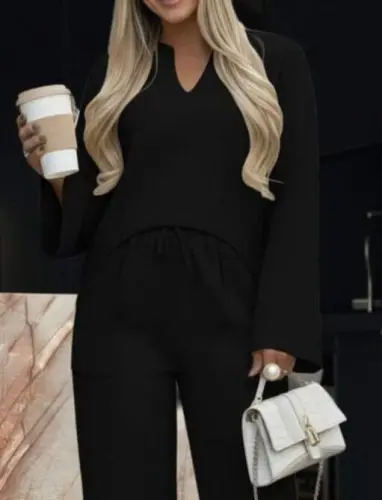 Kadın Uzun Kollu V Yakalı Keten Bluz Bağcıklı Pantolon Ikili Takım - 5