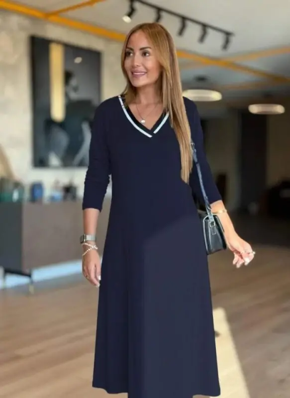 Kadın Uzun Kollu V Yakalı Midi çağla Yeşili Modal Elbise - BÜYÜKBEDENIZ