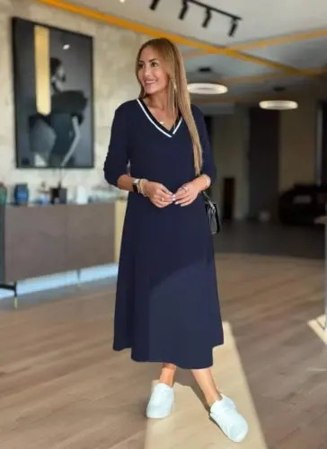Kadın Uzun Kollu V Yakalı Midi çağla Yeşili Modal Elbise - BÜYÜKBEDENIZ (1)