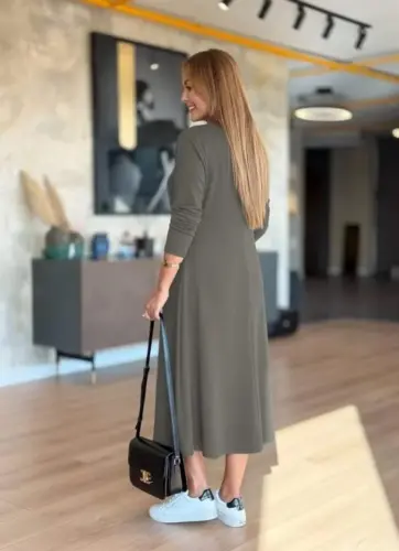 Kadın Uzun Kollu V Yakalı Midi çağla Yeşili Modal Elbise - 3