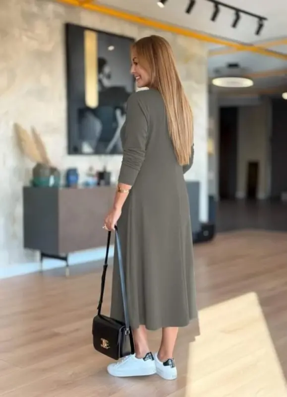 Kadın Uzun Kollu V Yakalı Midi çağla Yeşili Modal Elbise - 3