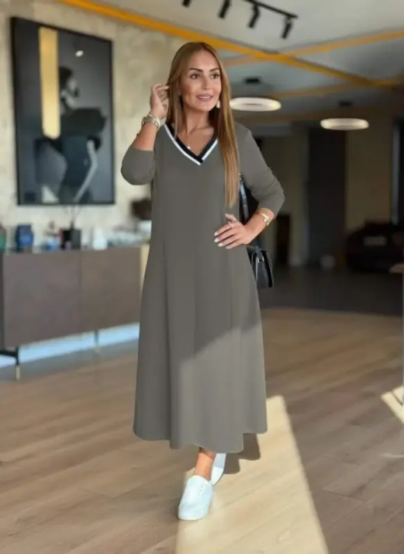 Kadın Uzun Kollu V Yakalı Midi çağla Yeşili Modal Elbise - 1