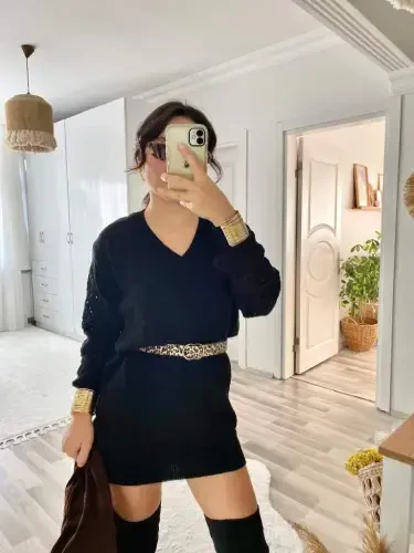 Kadın Uzun Kollu V Yakalı Mini Triko Elbise - 10