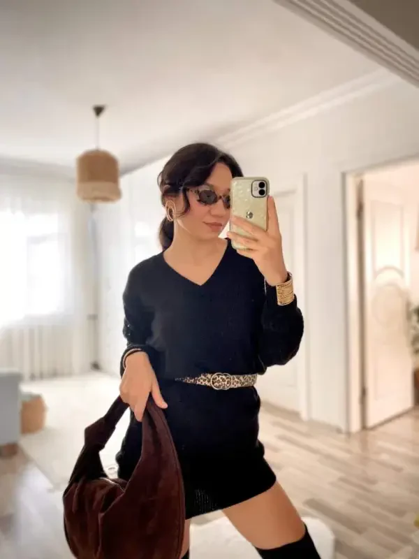 Kadın Uzun Kollu V Yakalı Mini Triko Elbise - 11