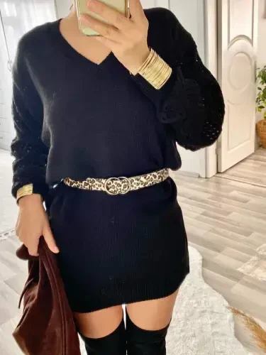 Kadın Uzun Kollu V Yakalı Mini Triko Elbise - 14