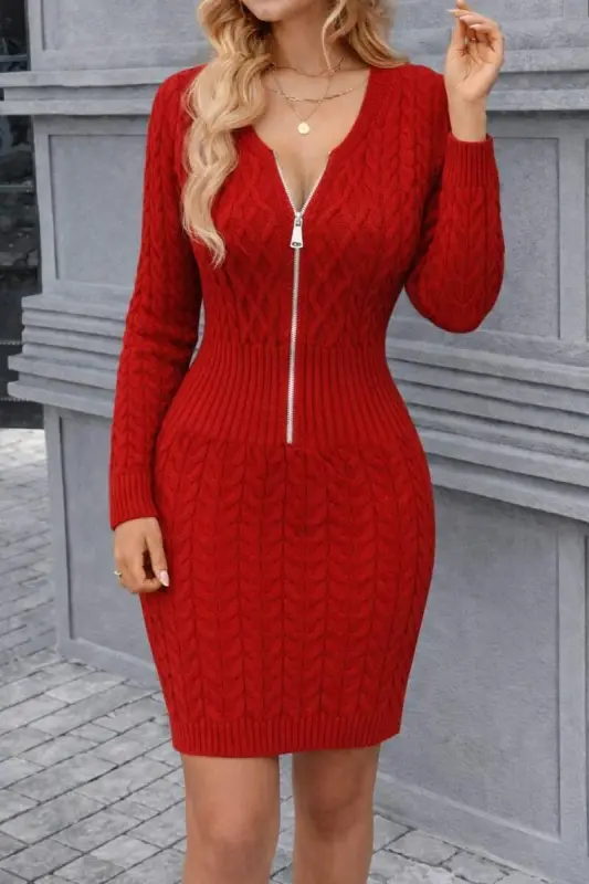 Kadın Uzun Kollu V Yakalı önden Fermuarlı Kısa Triko Elbise - 3