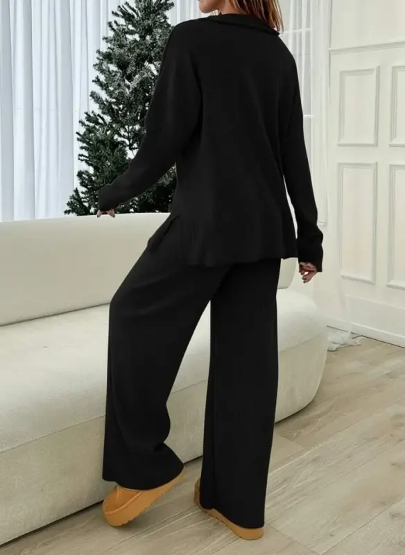 Kadın Uzun Kollu V Yakalı şardonlu Kaşkorse Bluz Ve Pantolon Ikili Takım - 2