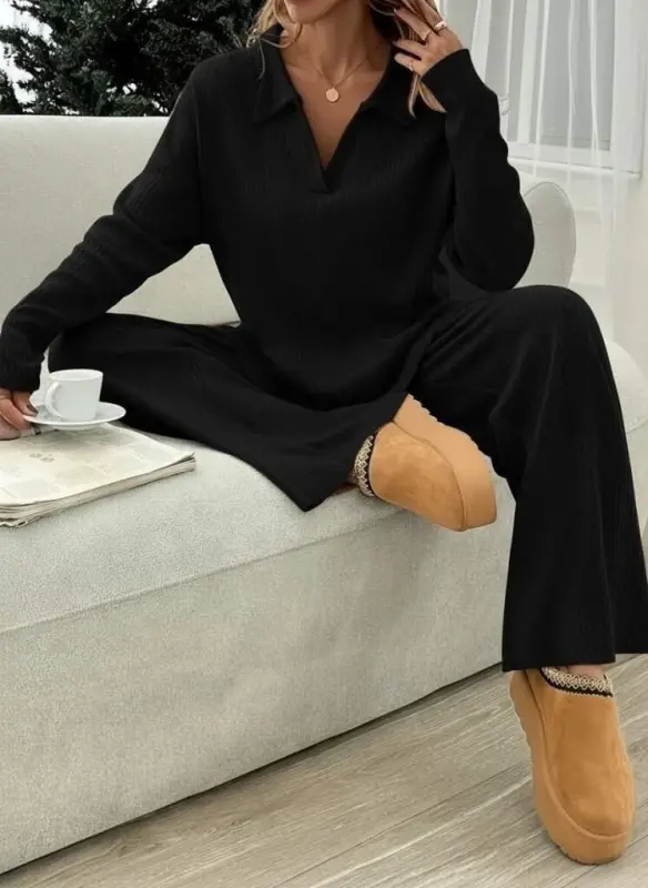 Kadın Uzun Kollu V Yakalı şardonlu Kaşkorse Bluz Ve Pantolon Ikili Takım - BÜYÜKBEDENIZ