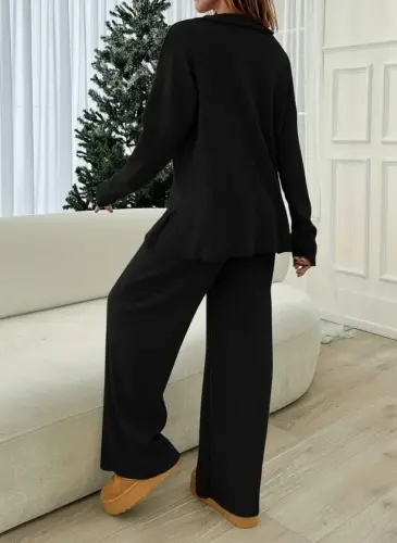 Kadın Uzun Kollu V Yakalı şardonlu Kaşkorse Bluz Ve Pantolon Ikili Takım - BÜYÜKBEDENIZ (1)