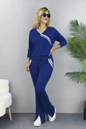 Kadın Uzun Kollu V Yakalı şerit Detaylı Viskon Iki Iplik Bluz Ve Pantolon Ikili Takım - BÜYÜKBEDENIZ (1)