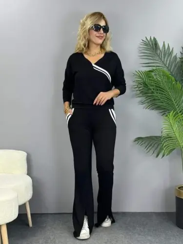 Kadın Uzun Kollu V Yakalı şerit Detaylı Viskon Iki Iplik Bluz Ve Pantolon Ikili Takım - 1