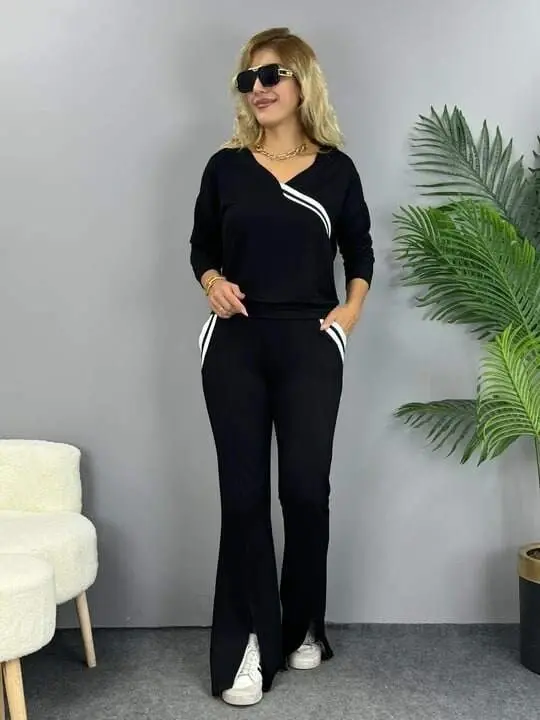 Kadın Uzun Kollu V Yakalı şerit Detaylı Viskon Iki Iplik Bluz Ve Pantolon Ikili Takım - 2