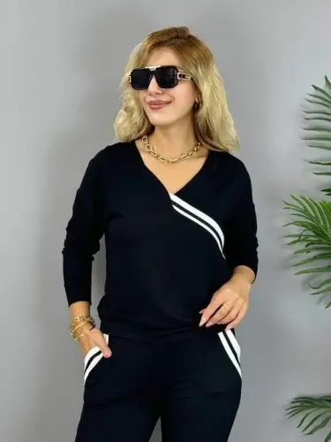 Kadın Uzun Kollu V Yakalı şerit Detaylı Viskon Iki Iplik Bluz Ve Pantolon Ikili Takım - 3