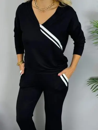 Kadın Uzun Kollu V Yakalı şerit Detaylı Viskon Iki Iplik Bluz Ve Pantolon Ikili Takım - 4