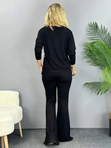 Kadın Uzun Kollu V Yakalı şerit Detaylı Viskon Iki Iplik Bluz Ve Pantolon Ikili Takım - 5