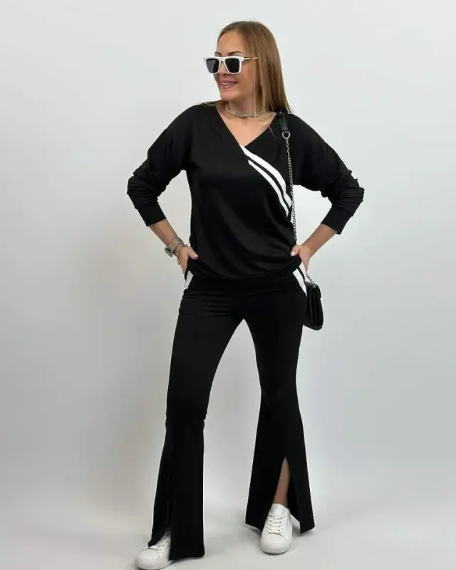 Kadın Uzun Kollu V Yakalı şerit Detaylı Viskon Iki Iplik Bluz Ve Pantolon Ikili Takım - 7