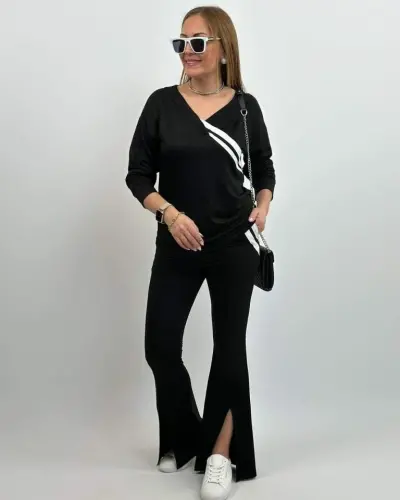 Kadın Uzun Kollu V Yakalı şerit Detaylı Viskon Iki Iplik Bluz Ve Pantolon Ikili Takım - 8