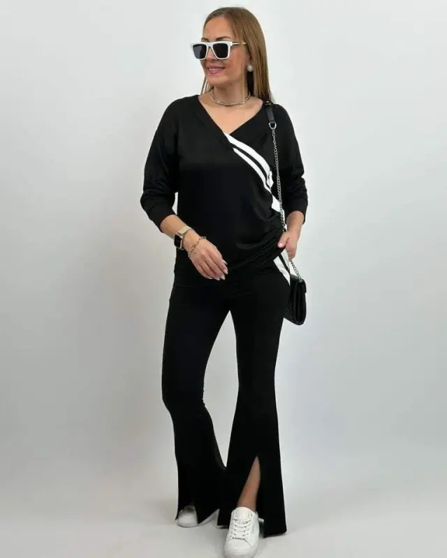 Kadın Uzun Kollu V Yakalı şerit Detaylı Viskon Iki Iplik Bluz Ve Pantolon Ikili Takım - 8