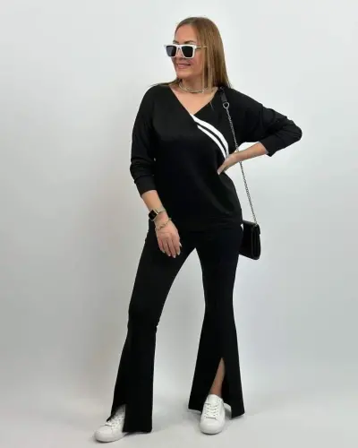 Kadın Uzun Kollu V Yakalı şerit Detaylı Viskon Iki Iplik Bluz Ve Pantolon Ikili Takım - 9