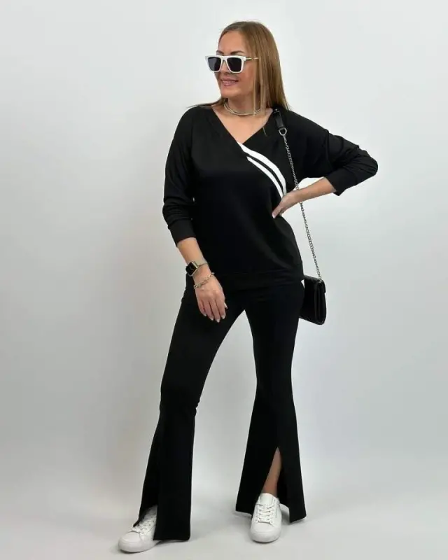 Kadın Uzun Kollu V Yakalı şerit Detaylı Viskon Iki Iplik Bluz Ve Pantolon Ikili Takım - 9