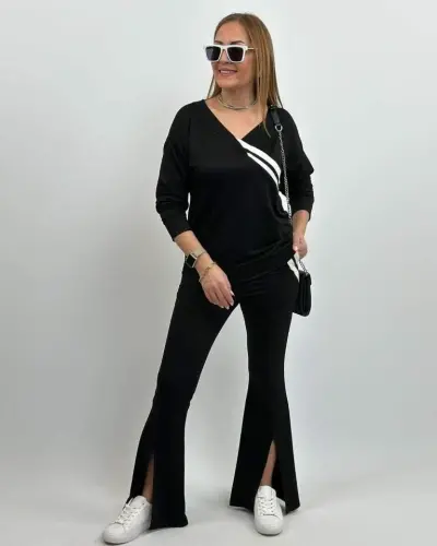 Kadın Uzun Kollu V Yakalı şerit Detaylı Viskon Iki Iplik Bluz Ve Pantolon Ikili Takım - 10