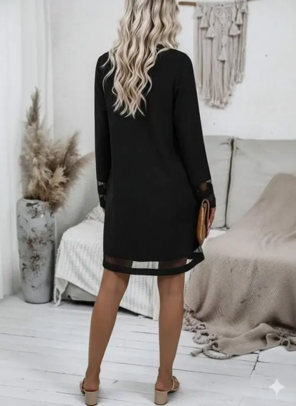 Kadın Uzun Kollu V Yakalı Tül şerit Detaylı Mini Krep Elbise - 3