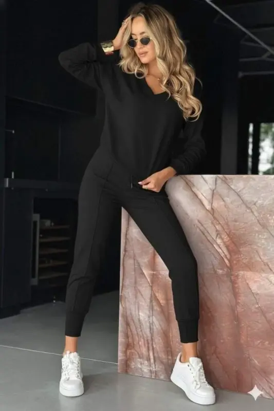 Kadın Uzun Kollu V Yakalı Viskon Iki Iplik Bluz Ve Pantolon Ikili Takım - 1