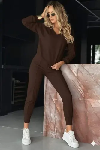 Kadın Uzun Kollu V Yakalı Viskon Iki Iplik Bluz Ve Pantolon Ikili Takım - 1