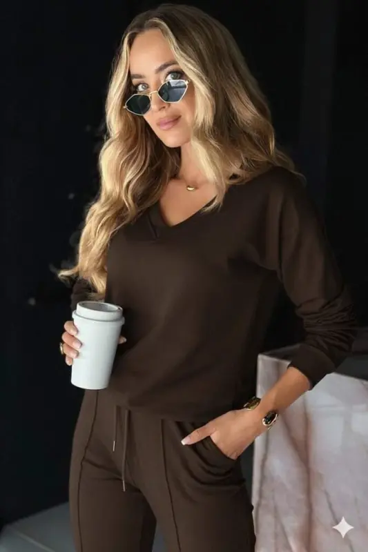 Kadın Uzun Kollu V Yakalı Viskon Iki Iplik Bluz Ve Pantolon Ikili Takım - 4