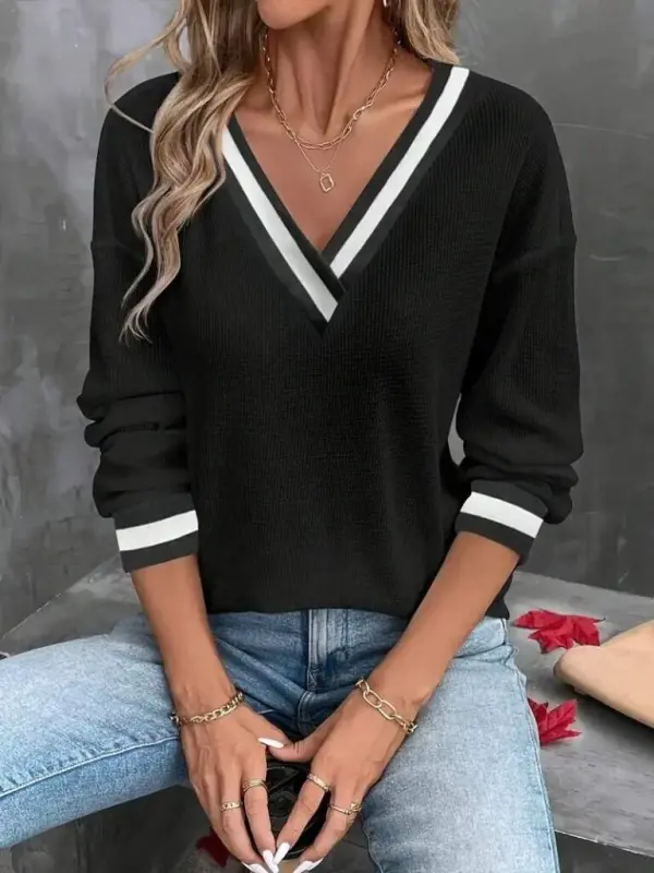 Kadın Uzun Kollu V Yakalı Waffle Bluz - 3