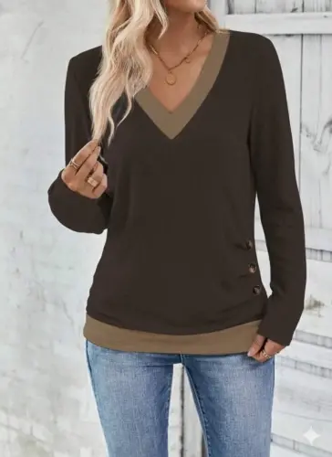 Kadın Uzun Kollu V Yakalı Yandan Düğmeli Yün Viskon Bluz - 1