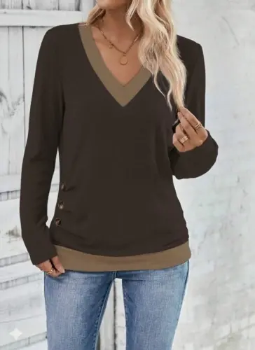 Kadın Uzun Kollu V Yakalı Yandan Düğmeli Yün Viskon Bluz - 3