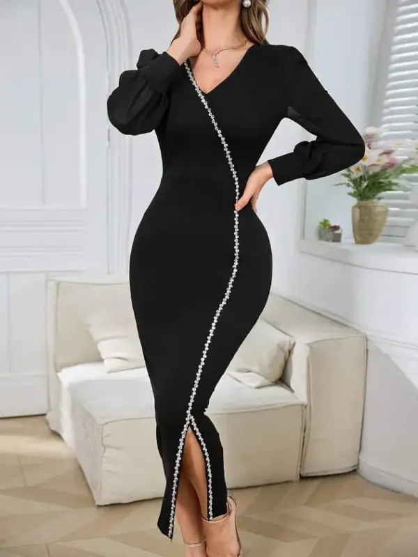 Kadın Uzun Kollu V Yakalı Yırtmaçlı Taşlı Uzun Ithal Krep Elbise - 1