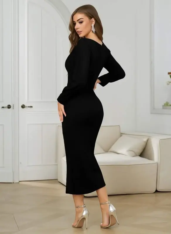 Kadın Uzun Kollu V Yakalı Yırtmaçlı Taşlı Uzun Ithal Krep Elbise - 4