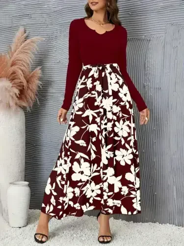 Kadın Uzun Kollu Yaka Açık üst Kaşkorse Beli Kuşaklı Alt çiçek Baskılı Dalgıç Elbise - 5