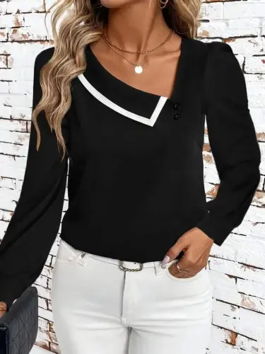 Kadın Uzun Kollu Yaka Detaylı Düğmeli Ithal Krep Bluz - 1