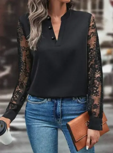 Kadın Uzun Kollu Yaka Düğme Detay Güpürlü Kol Krep Bluz - BÜYÜKBEDENIZ (1)