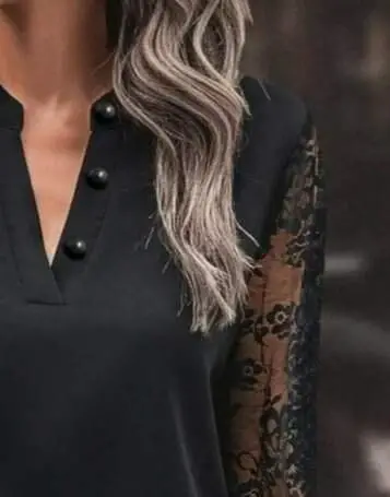 Kadın Uzun Kollu Yaka Düğme Detay Güpürlü Kol Krep Bluz - 3