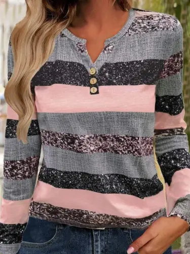 Kadın Uzun Kollu Yakadan Düğmeli çizgili Desenli Süprem Bluz - 1