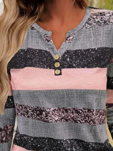 Kadın Uzun Kollu Yakadan Düğmeli çizgili Desenli Süprem Bluz - BÜYÜKBEDENIZ (1)